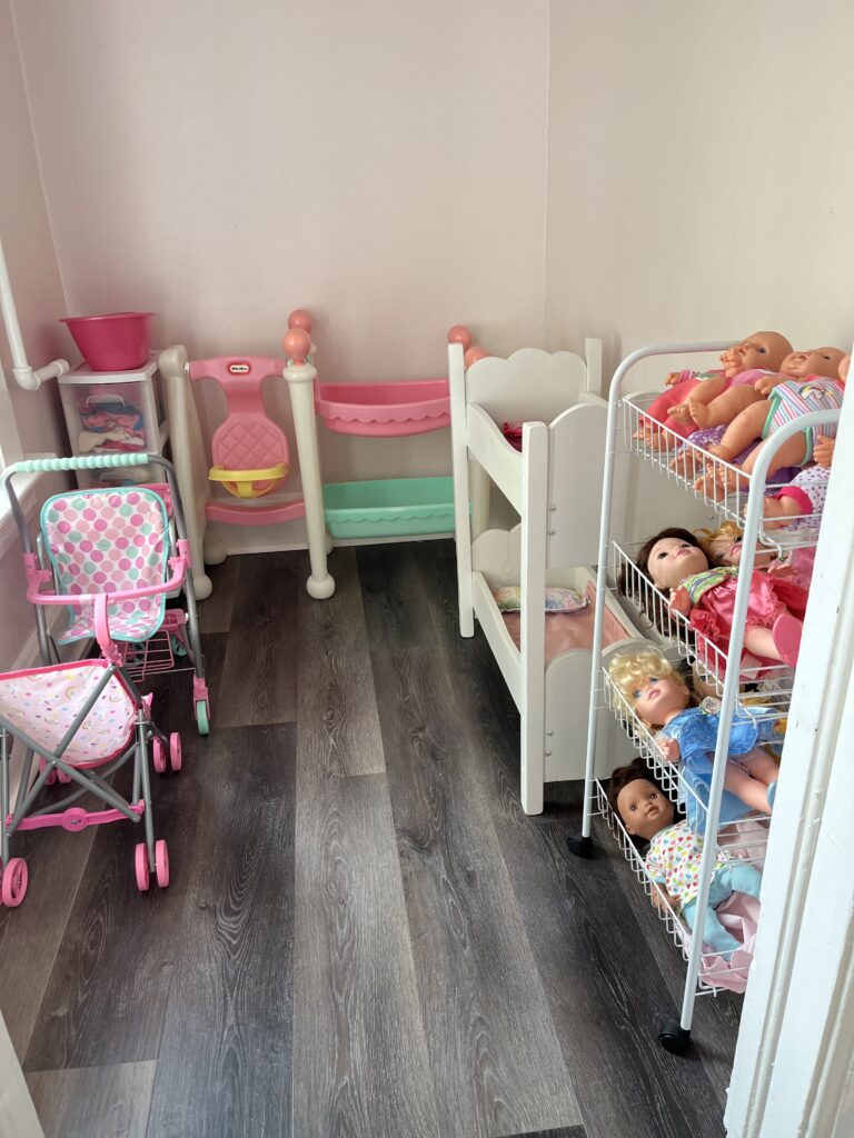 Kids dolls, toy doll stroller, swing, bed and other toys.